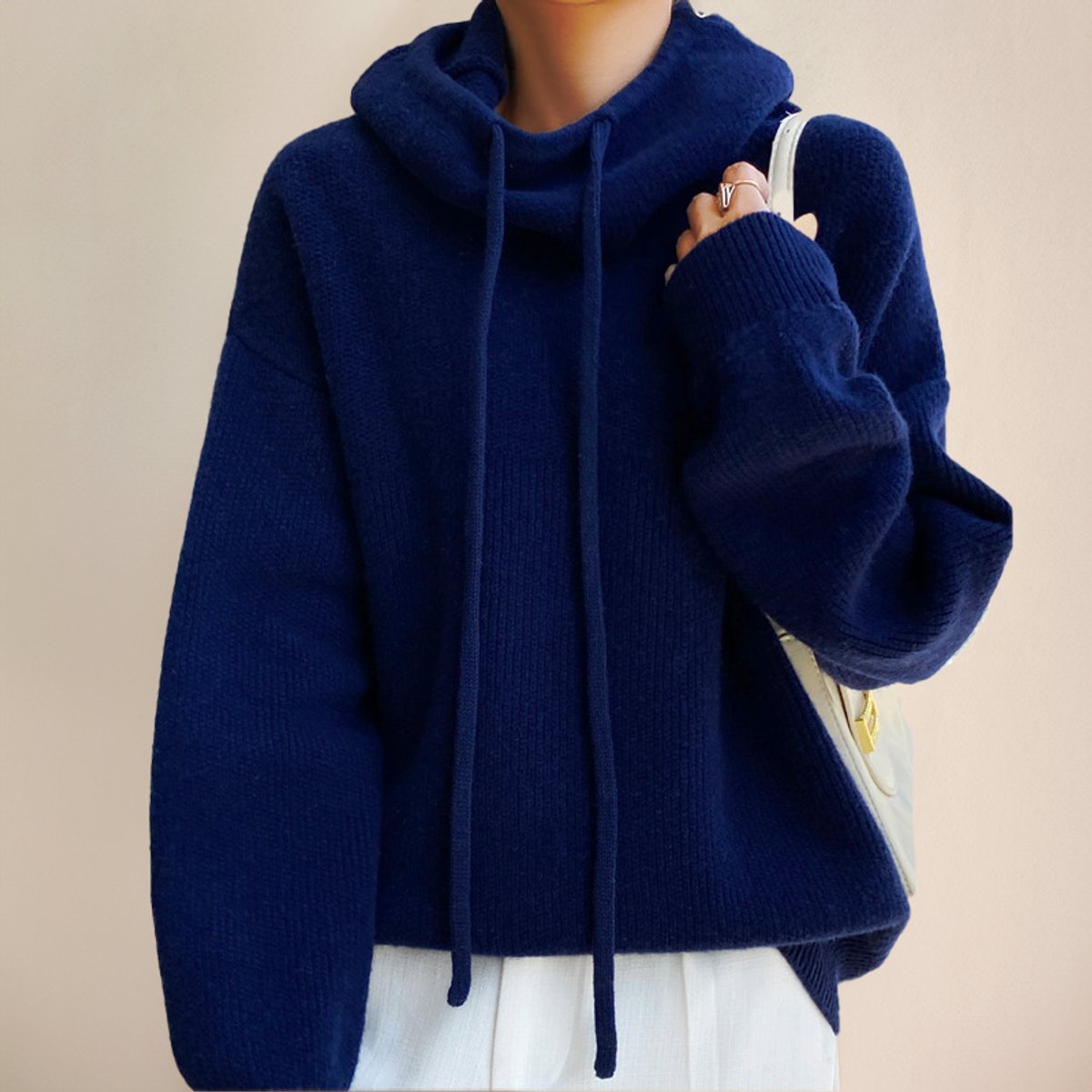 Elin | Dames Oversized Gebreide Hoodie Turtleneck Sweater met Trekkoord
