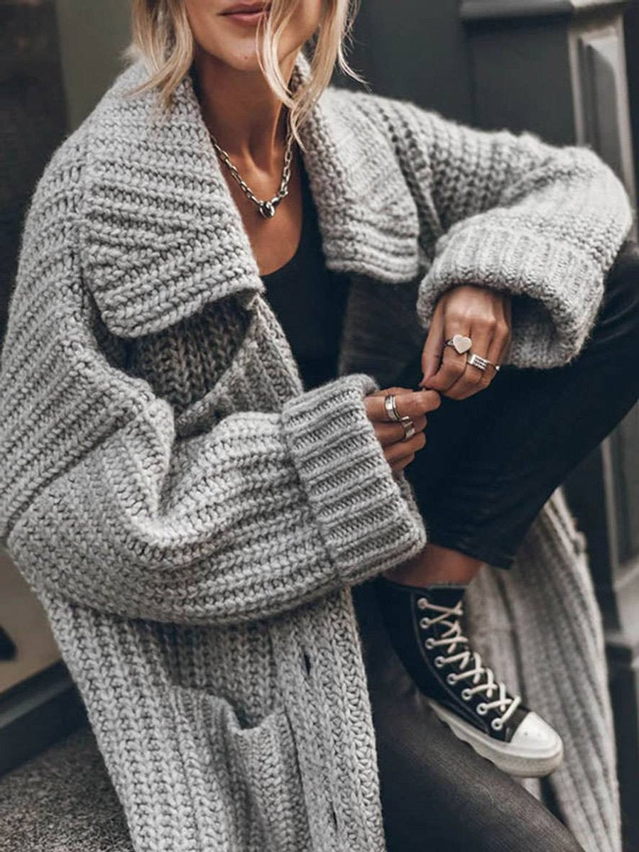 Elin | Dames Oversized Grofgebreide Revers Cardigan Longline