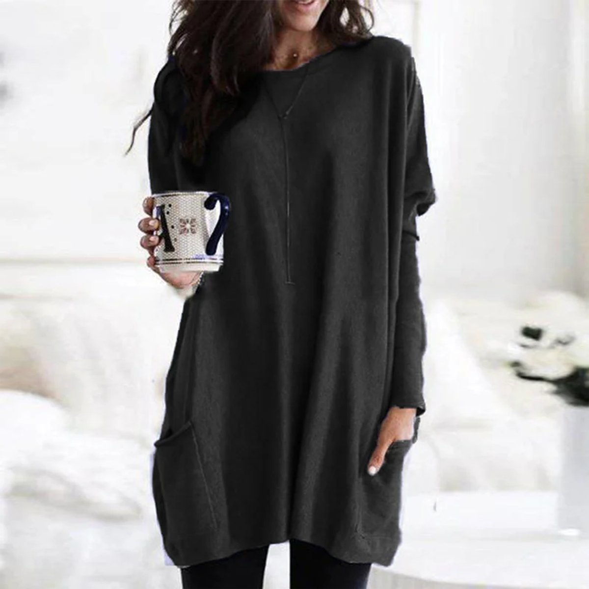 Eva | Dames Oversized Langarm Tunic met Zakken Ronde Hals