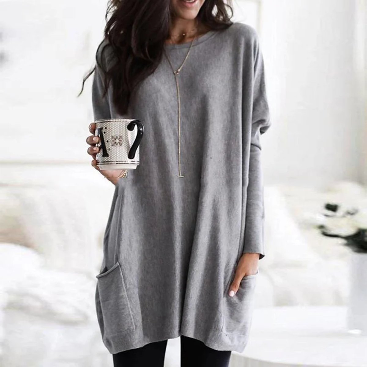 Eva | Dames Oversized Langarm Tunic met Zakken Ronde Hals