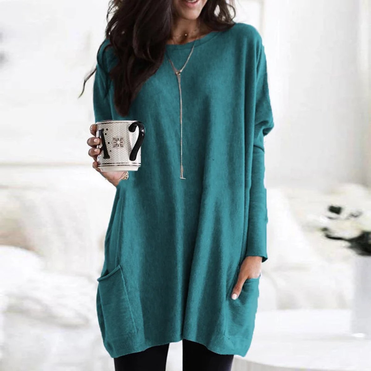 Eva | Dames Oversized Langarm Tunic met Zakken Ronde Hals