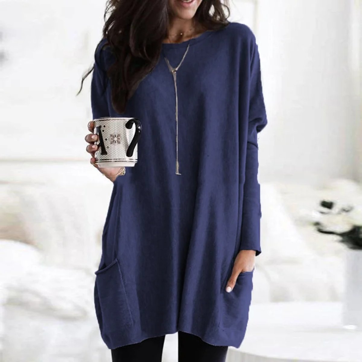 Eva | Dames Oversized Langarm Tunic met Zakken Ronde Hals