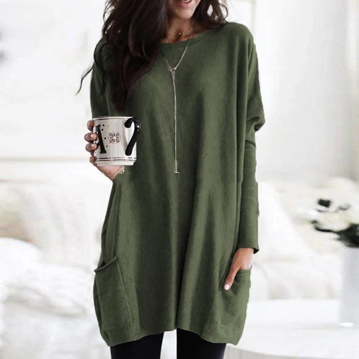 Eva | Dames Oversized Langarm Tunic met Zakken Ronde Hals