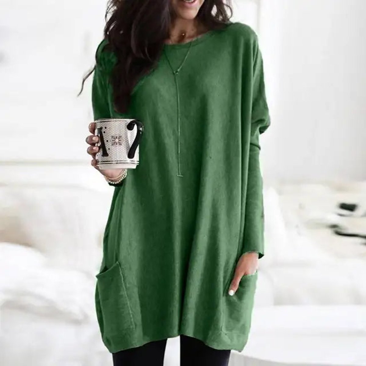 Eva | Dames Oversized Langarm Tunic met Zakken Ronde Hals