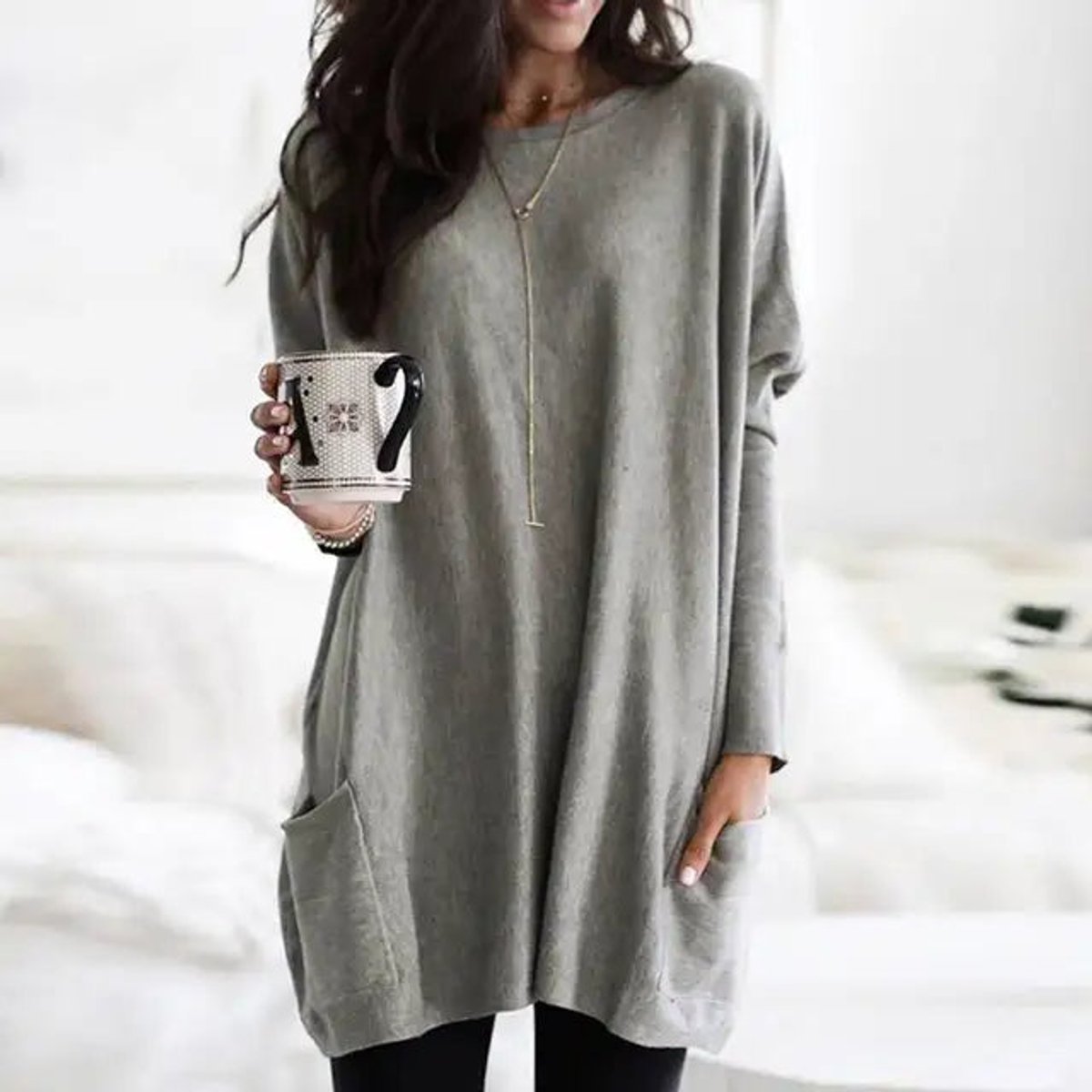 Eva | Dames Oversized Langarm Tunic met Zakken Ronde Hals