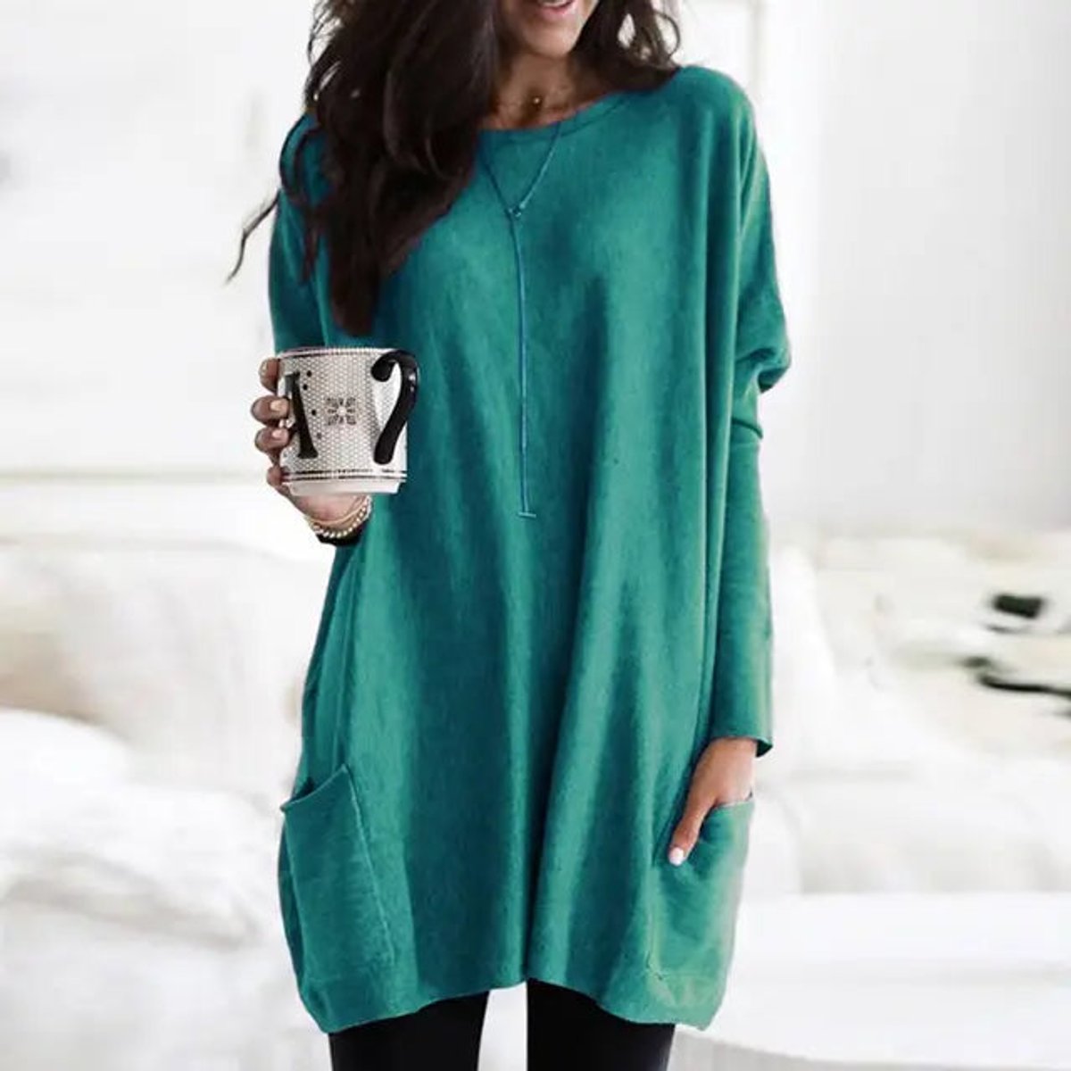 Eva | Dames Oversized Langarm Tunic met Zakken Ronde Hals