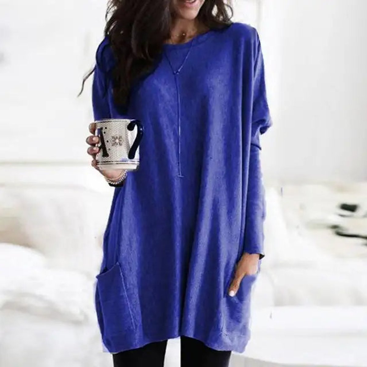 Eva | Dames Oversized Langarm Tunic met Zakken Ronde Hals