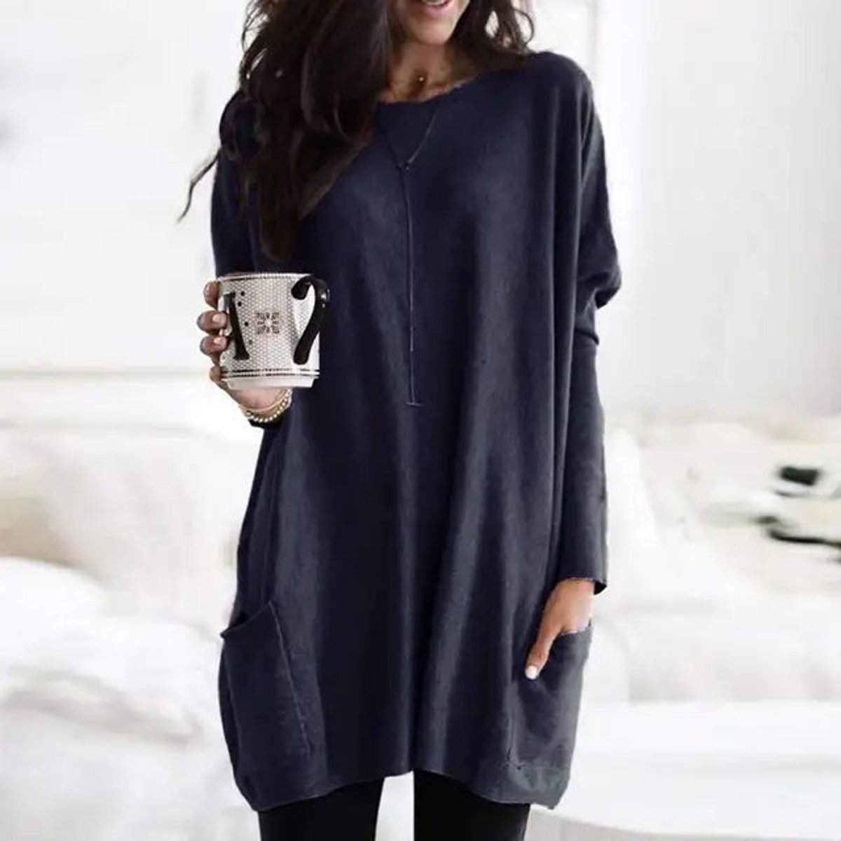 Eva | Dames Oversized Langarm Tunic met Zakken Ronde Hals