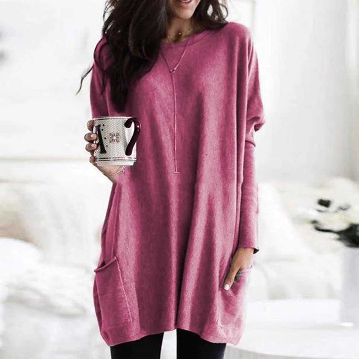 Eva | Dames Oversized Langarm Tunic met Zakken Ronde Hals