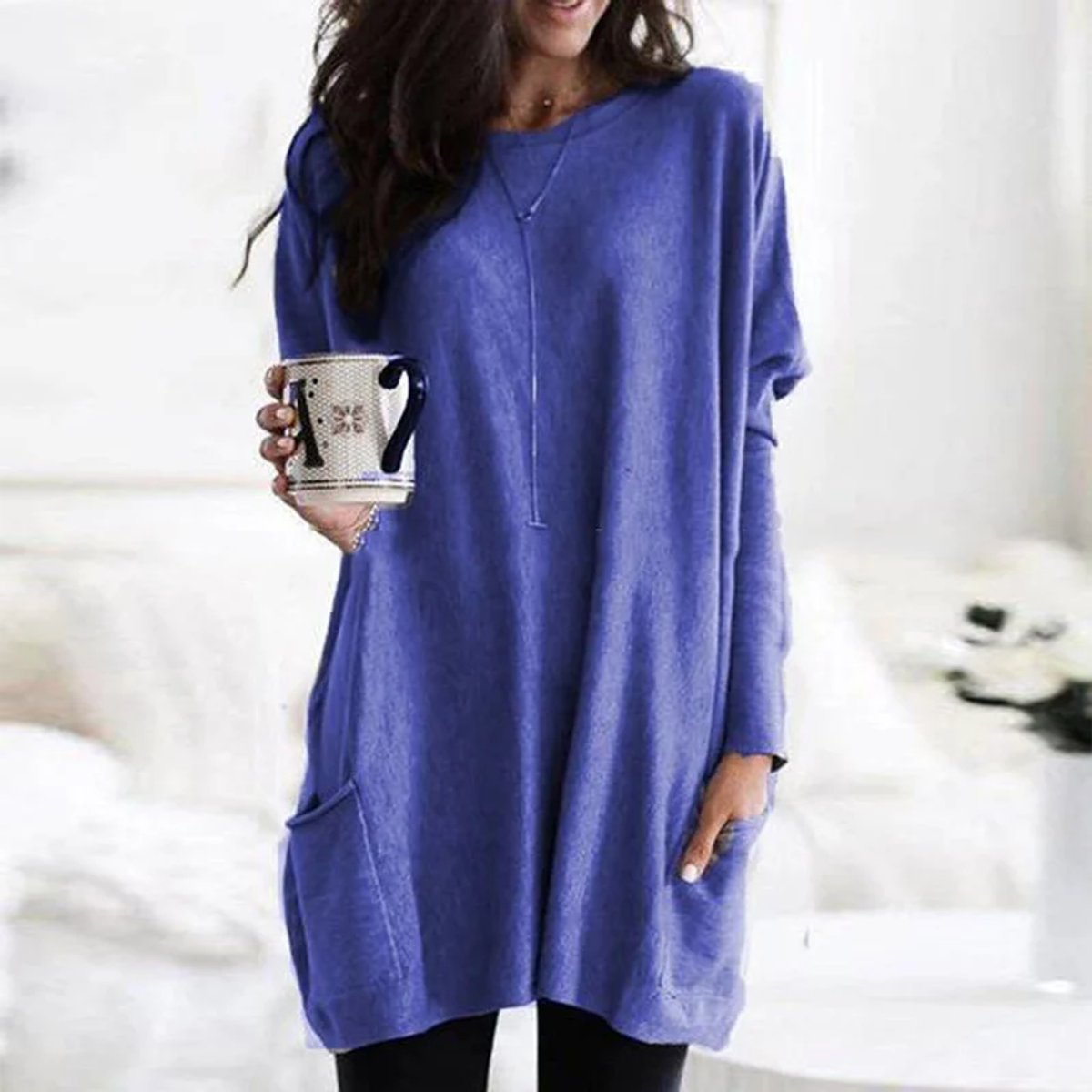 Eva | Dames Oversized Langarm Tunic met Zakken Ronde Hals