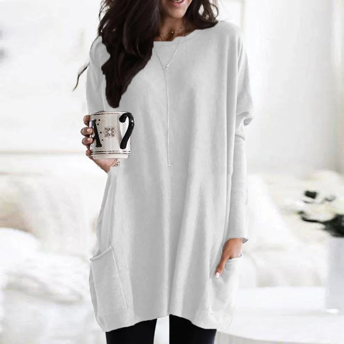 Eva | Dames Oversized Langarm Tunic met Zakken Ronde Hals
