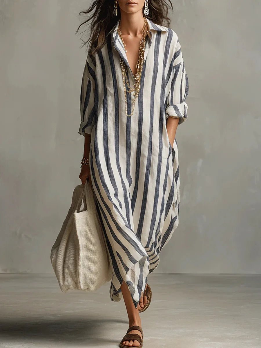 Fleur | Dames Oversized Linnen Gestreepte Maxi Blousejurk