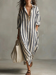 Fleur | Dames Oversized Linnen Gestreepte Maxi Blousejurk