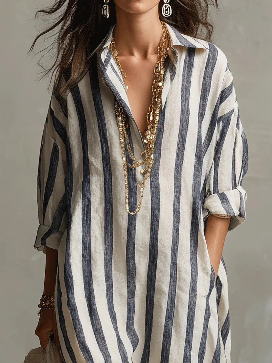 Fleur | Dames Oversized Linnen Gestreepte Maxi Blousejurk