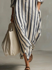 Fleur | Dames Oversized Linnen Gestreepte Maxi Blousejurk