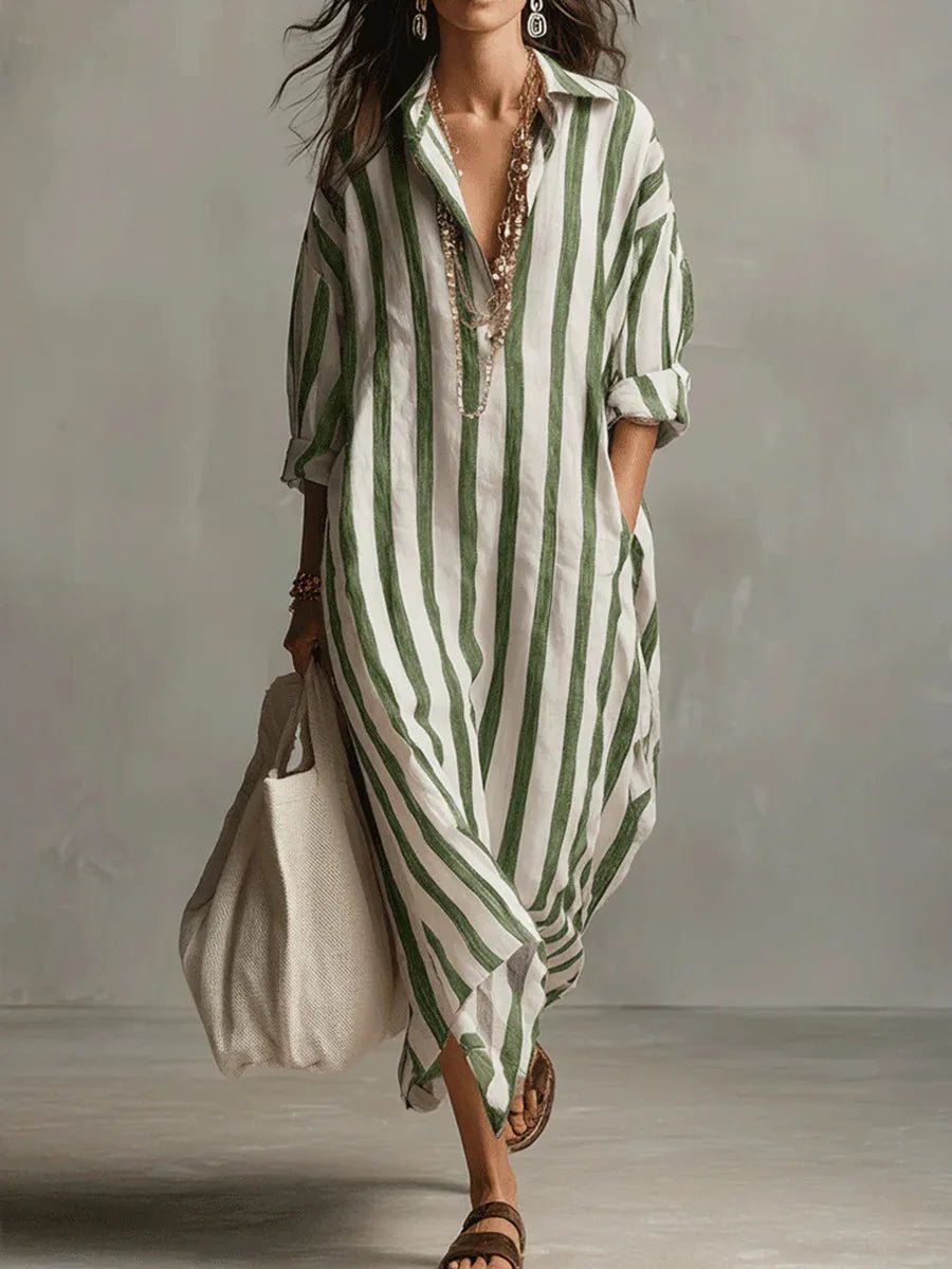 Fleur | Dames Oversized Linnen Gestreepte Maxi Blousejurk