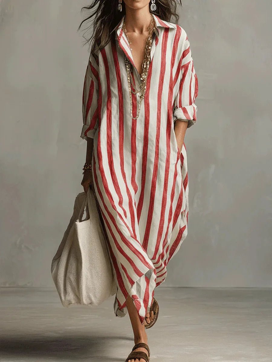 Fleur | Dames Oversized Linnen Gestreepte Maxi Blousejurk