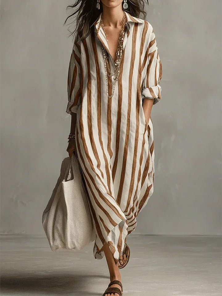 Fleur | Dames Oversized Linnen Gestreepte Maxi Blousejurk
