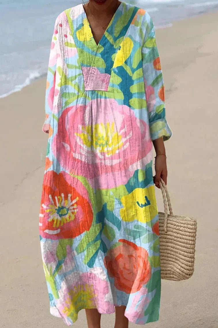 Emma | Dames Oversized Linnen Maxi-jurk Bloemenprint V-hals Lange Mouw