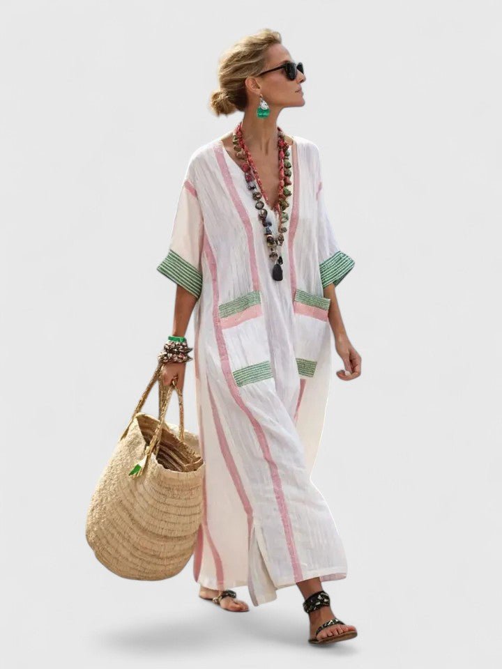 Olivia | Dames Oversized Linnen V-Hals Boho Maxi Jurk met Contrasterende Strepen