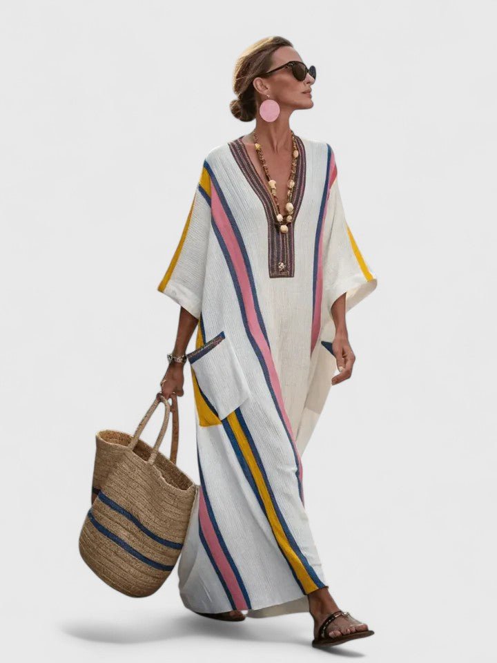 Olivia | Dames Oversized Linnen V-Hals Boho Maxi Jurk met Contrasterende Strepen