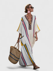 Olivia | Dames Oversized Linnen V-Hals Boho Maxi Jurk met Contrasterende Strepen