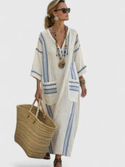 Olivia | Dames Oversized Linnen V-Hals Boho Maxi Jurk met Contrasterende Strepen