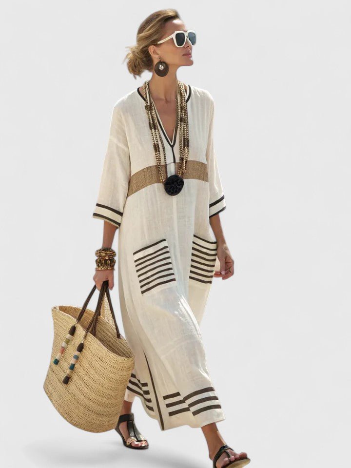 Olivia | Dames Oversized Linnen V-Hals Boho Maxi Jurk met Contrasterende Strepen