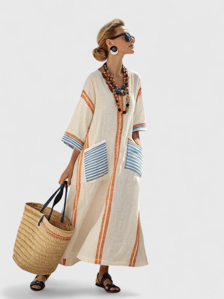Olivia | Dames Oversized Linnen V-Hals Boho Maxi Jurk met Contrasterende Strepen