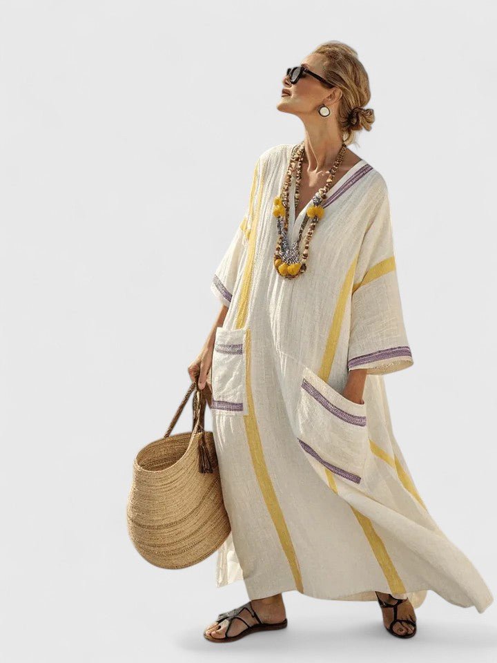 Olivia | Dames Oversized Linnen V-Hals Boho Maxi Jurk met Contrasterende Strepen