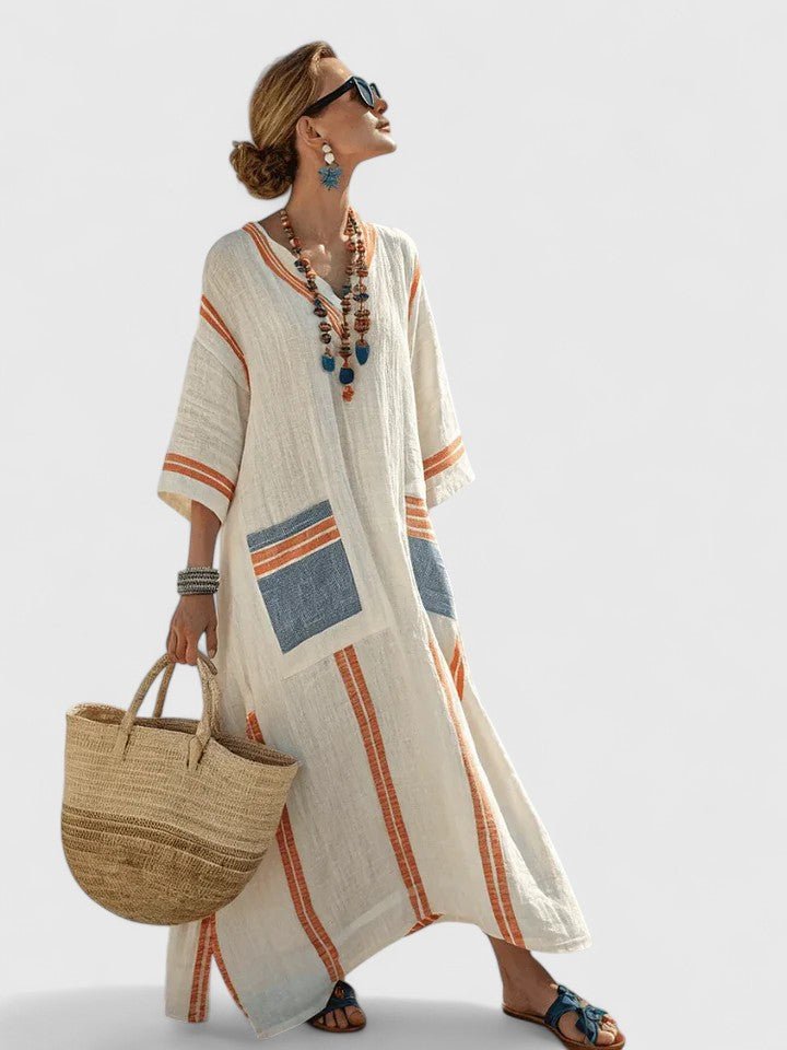 Olivia | Dames Oversized Linnen V-Hals Boho Maxi Jurk met Contrasterende Strepen