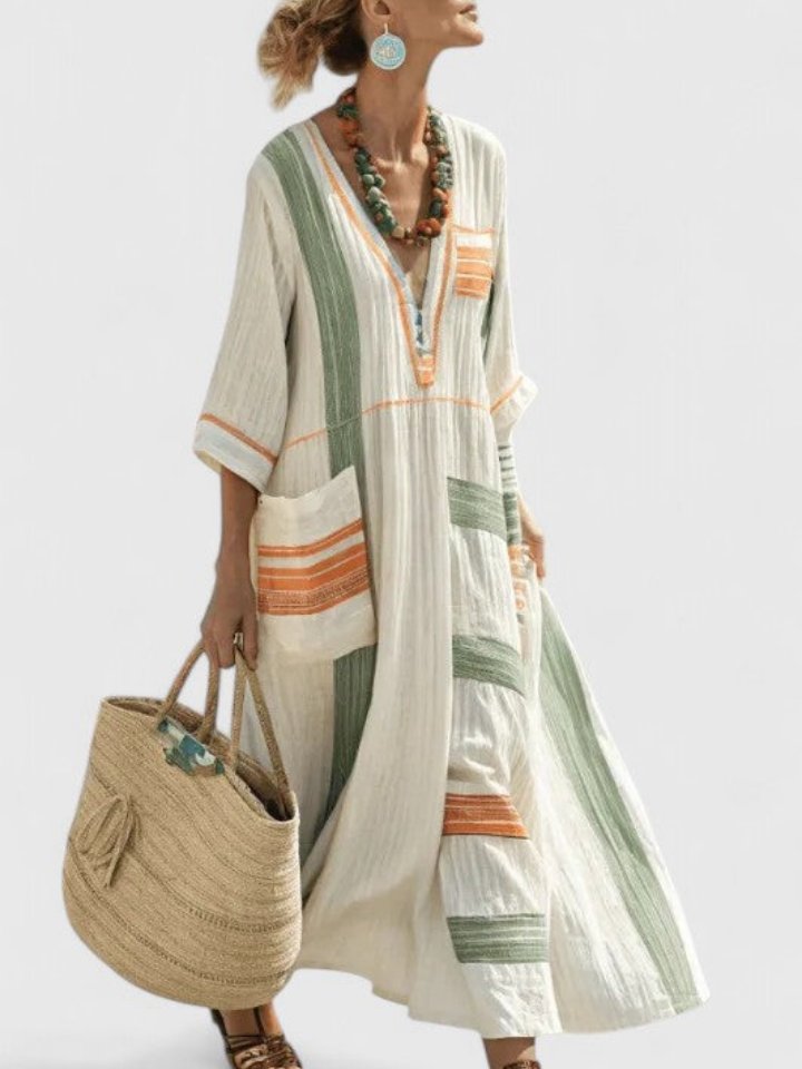 Olivia | Dames Oversized Linnen V-Hals Boho Maxi Jurk met Contrasterende Strepen