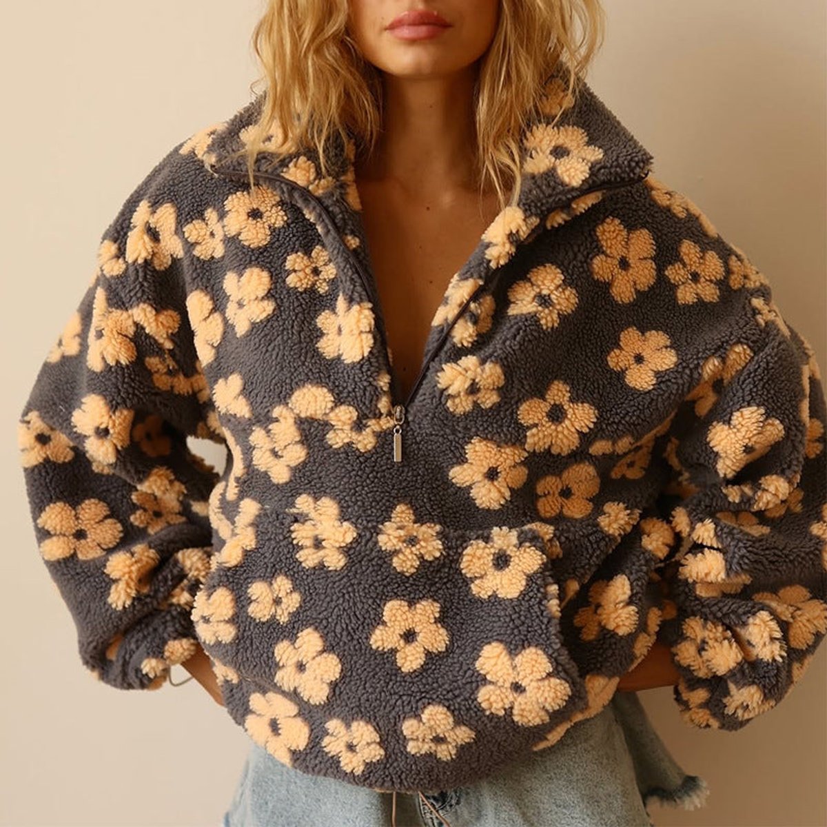 Lieke | Dames Oversized Sherpa Fleece Bloemenprint Pullover Sweater
