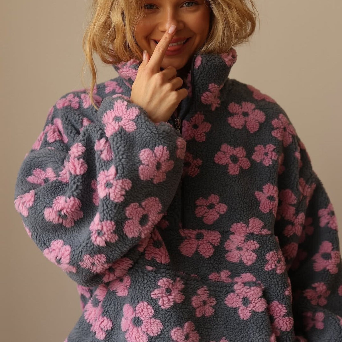 Lieke | Dames Oversized Sherpa Fleece Bloemenprint Pullover Sweater