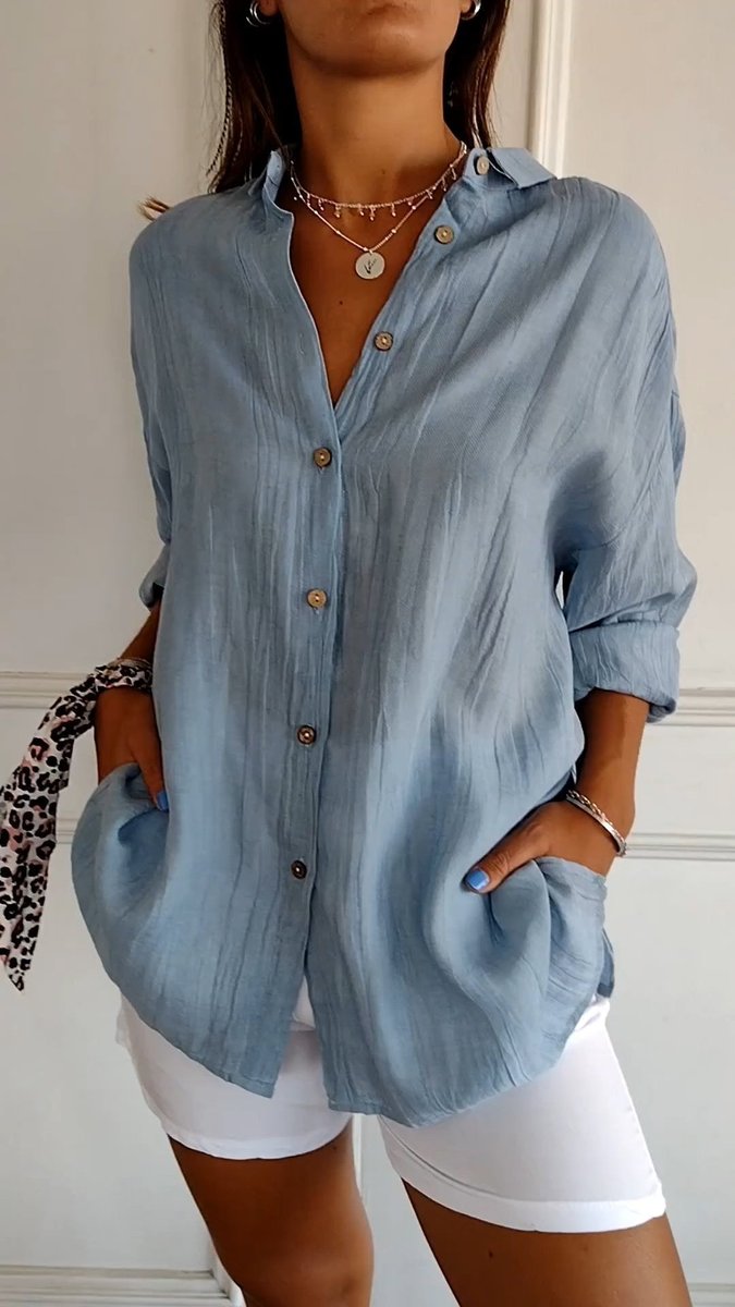Sara | Dames Oversized V-hals Linnen Blouse met Knoopsluiting