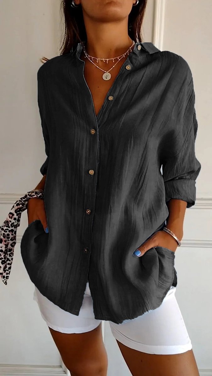 Sara | Dames Oversized V-hals Linnen Blouse met Knoopsluiting