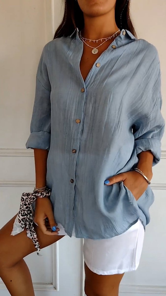 Sara | Dames Oversized V-hals Linnen Blouse met Knoopsluiting