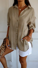 Sara | Dames Oversized V-hals Linnen Blouse met Knoopsluiting