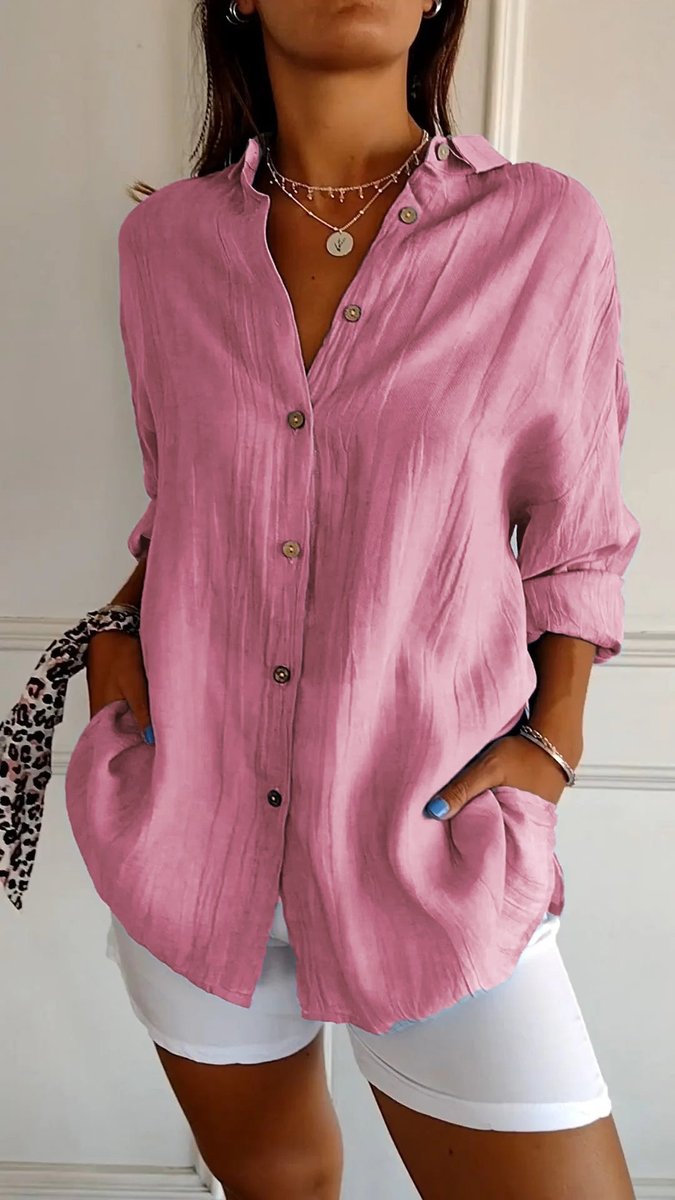 Sara | Dames Oversized V-hals Linnen Blouse met Knoopsluiting