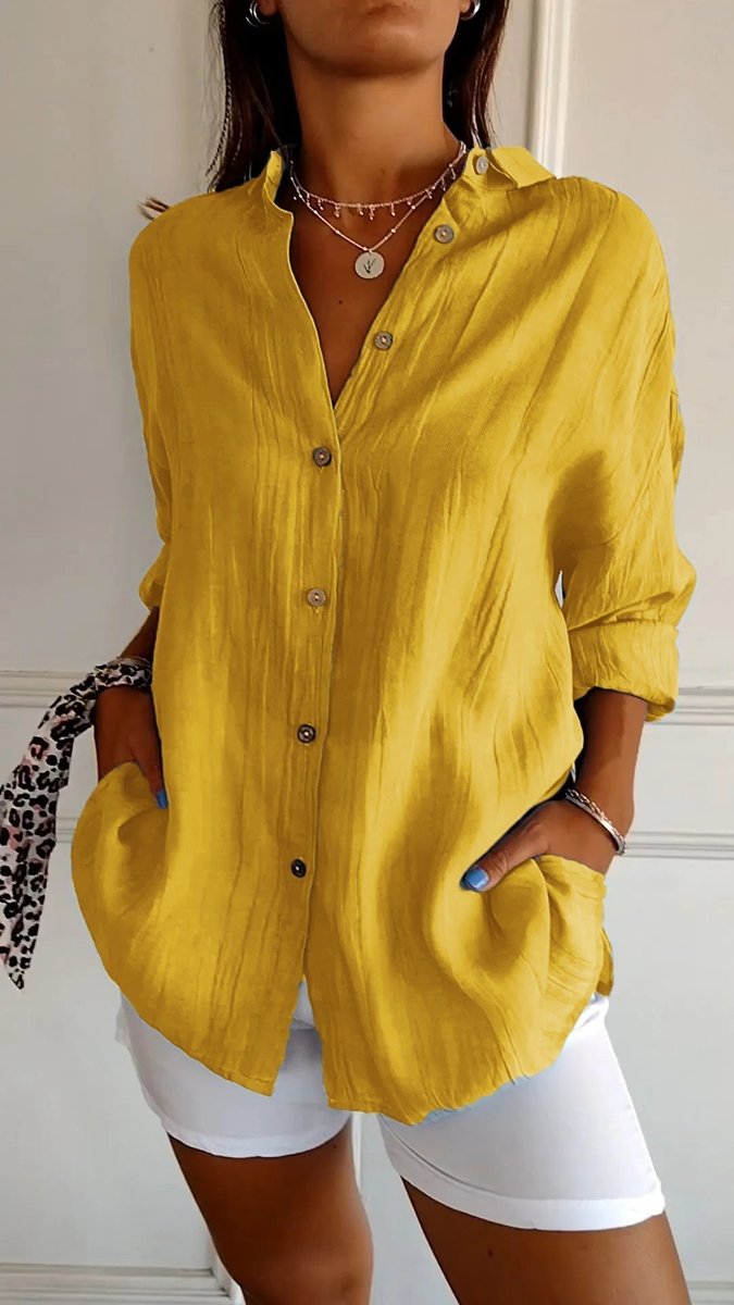 Sara | Dames Oversized V-hals Linnen Blouse met Knoopsluiting
