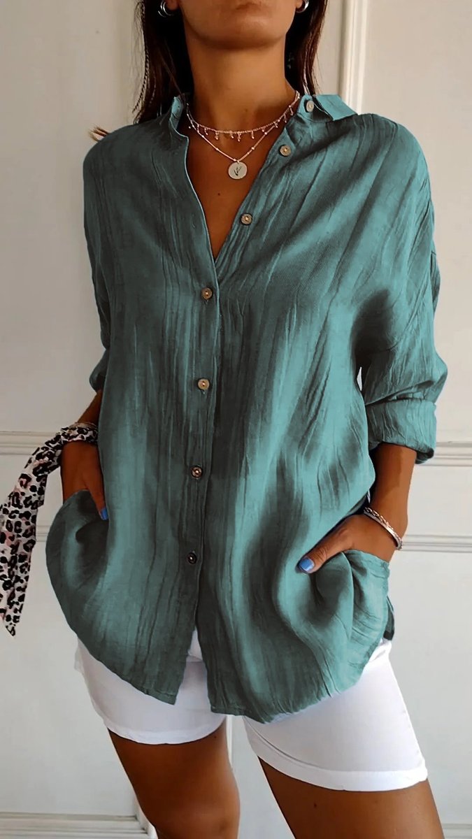 Sara | Dames Oversized V-hals Linnen Blouse met Knoopsluiting