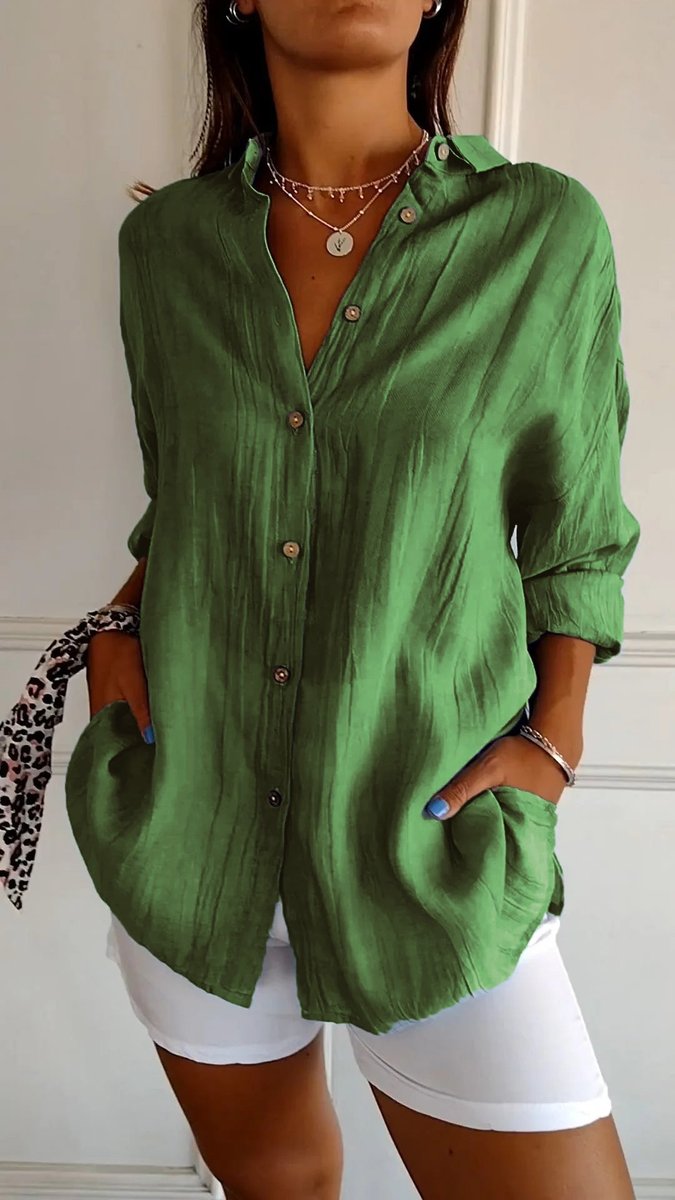 Sara | Dames Oversized V-hals Linnen Blouse met Knoopsluiting