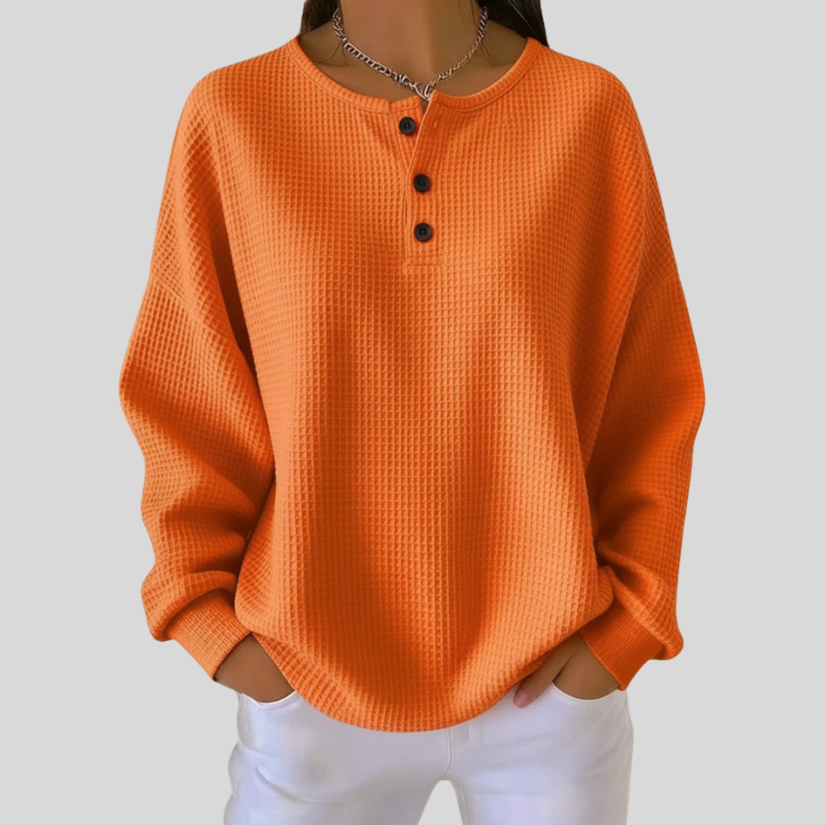 Mila | Dames Oversized Waffle Knit Sweater Henley Knoopsluiting