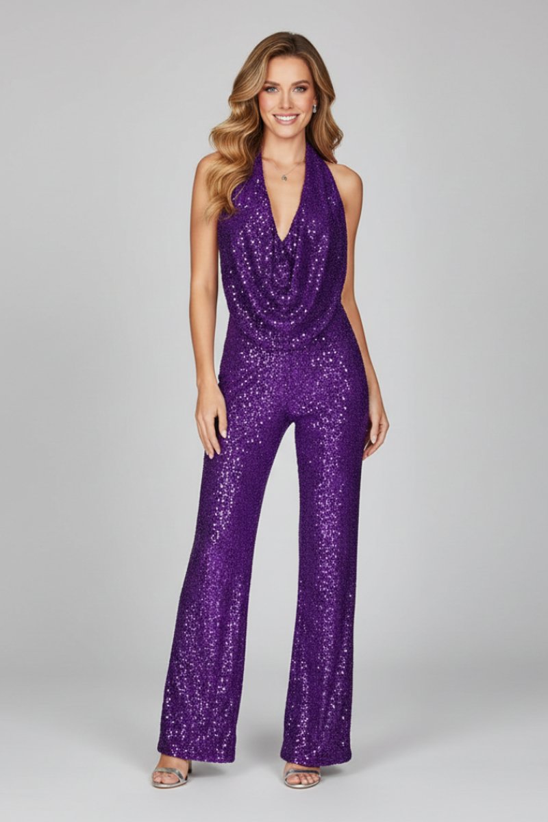 Sophie | Dames Pailletten Halter Jumpsuit met Wide Leg Broek Open Rug
