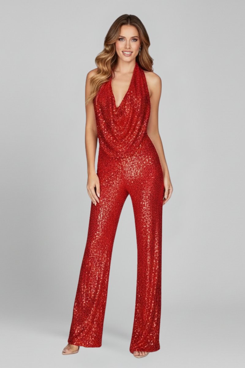 Sophie | Dames Pailletten Halter Jumpsuit met Wide Leg Broek Open Rug