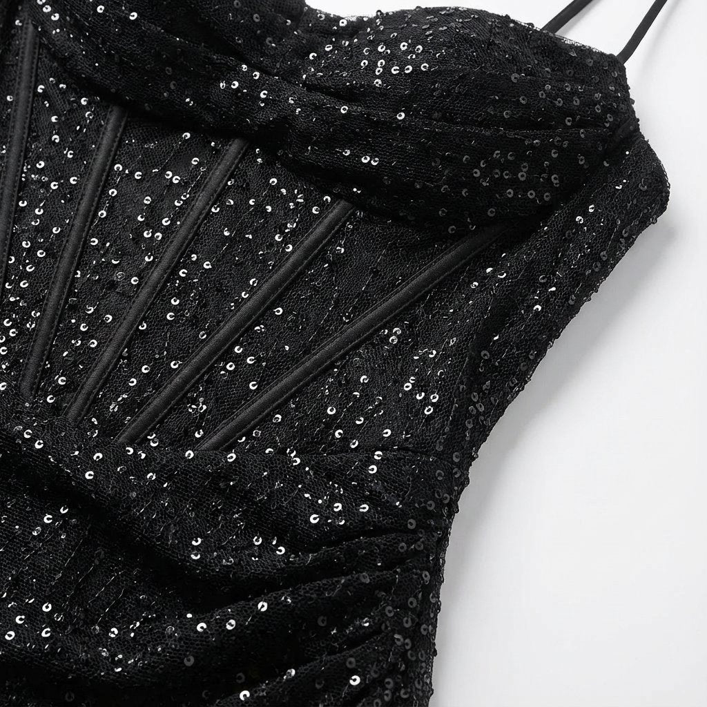 Nina | Dames Pailletten Maxi-jurk Corsé Sweetheart Spaghettibandjes Splitjurk