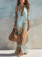 Elin | Dames Paisley Print Maxi Midi Dress Hemdjurk Knoopsluiting