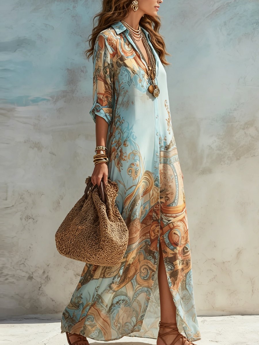 Elin | Dames Paisley Print Maxi Midi Dress Hemdjurk Knoopsluiting