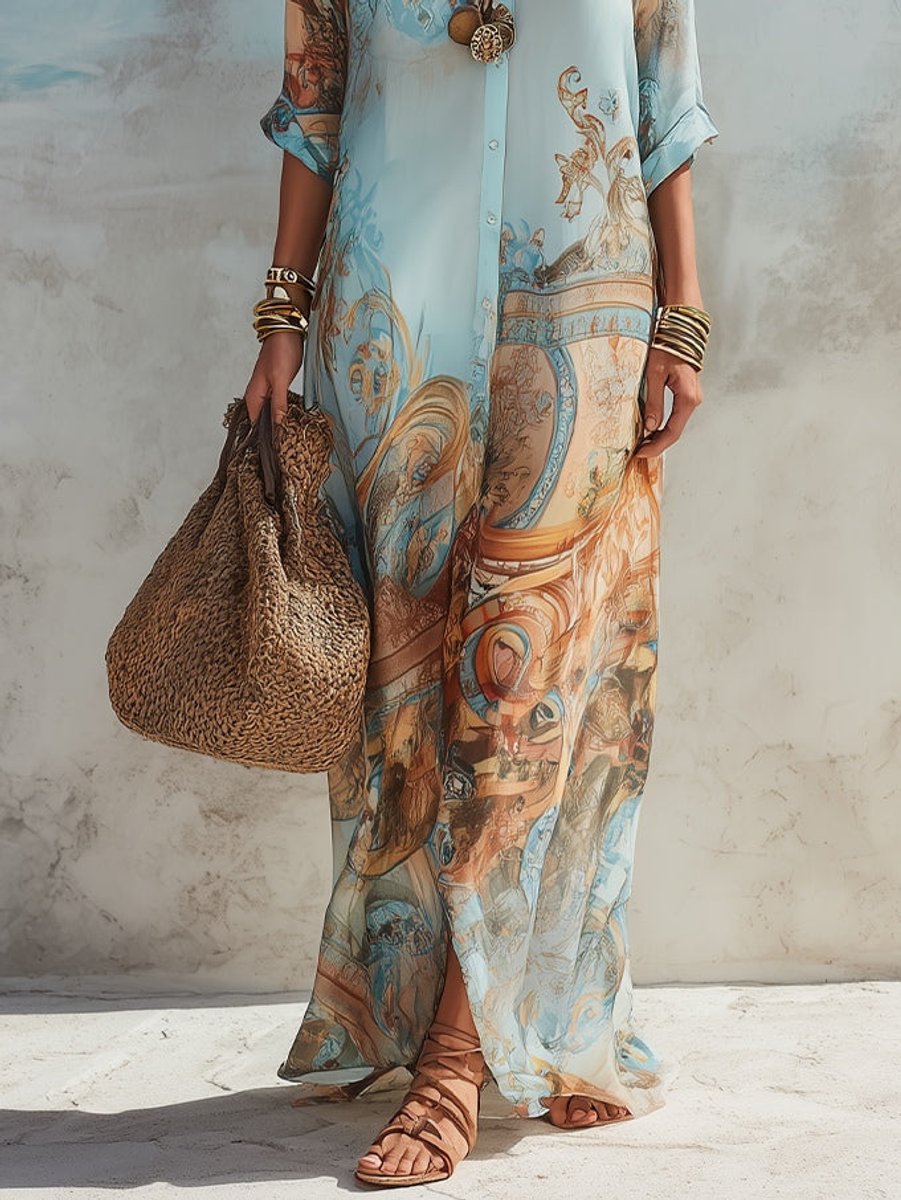 Elin | Dames Paisley Print Maxi Midi Dress Hemdjurk Knoopsluiting