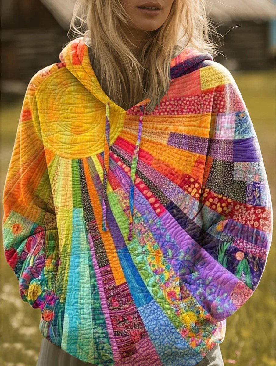 Nora | Dames Patchwork Quilted Hoodie Sweater Boho Regenboog Zonnestral